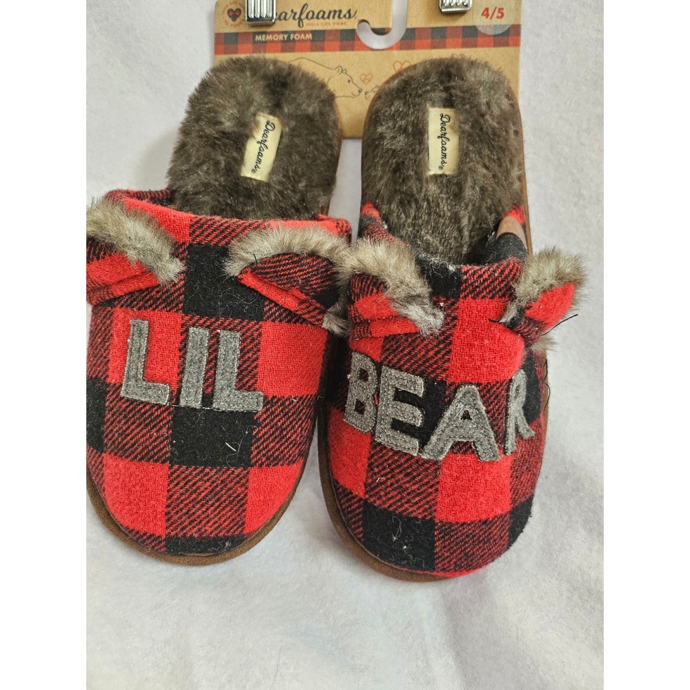 Dearfoams Lil Bear Red Buffalo Plaid Memory Foam Clog Slippers Kids Size 4-5